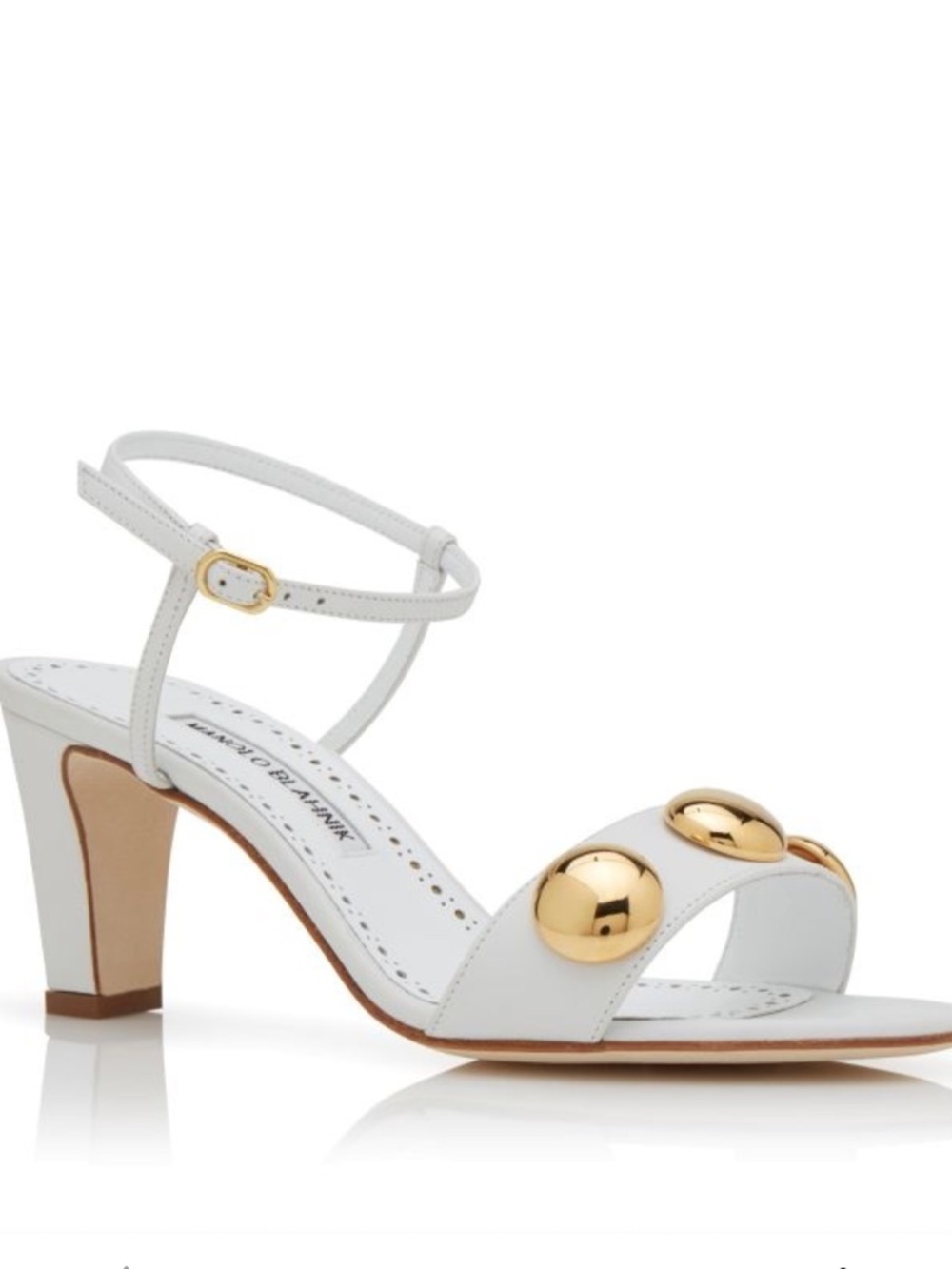 Manolo Blahnik Chaouhenhi. White Sandals with Round  Gold Accents. NIB